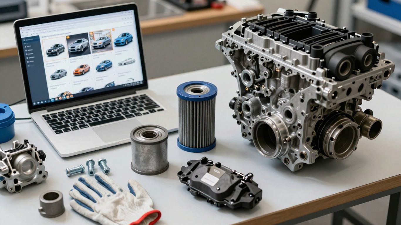 Online engine parts catalog beside workshop tools
