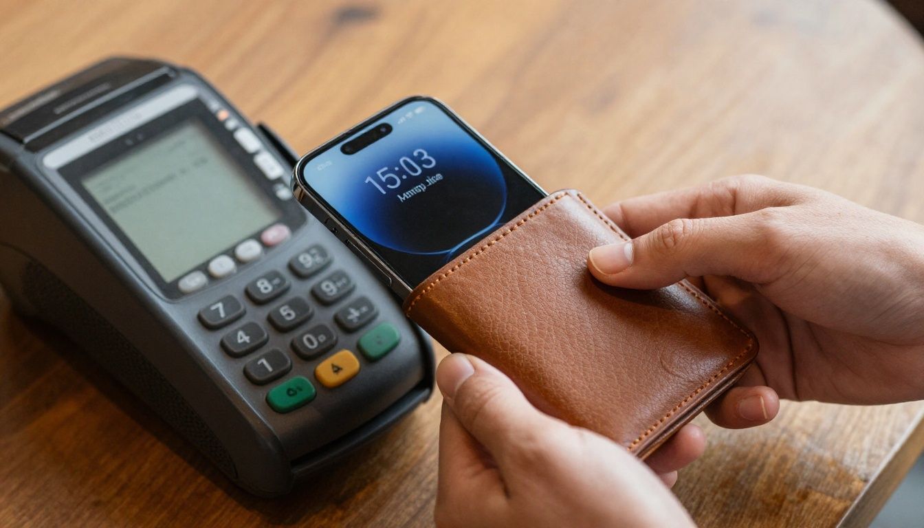 A person in a cafe paying for coffee by tapping their iPhone 14 Pro Max in a leather wallet case against the payment terminal.