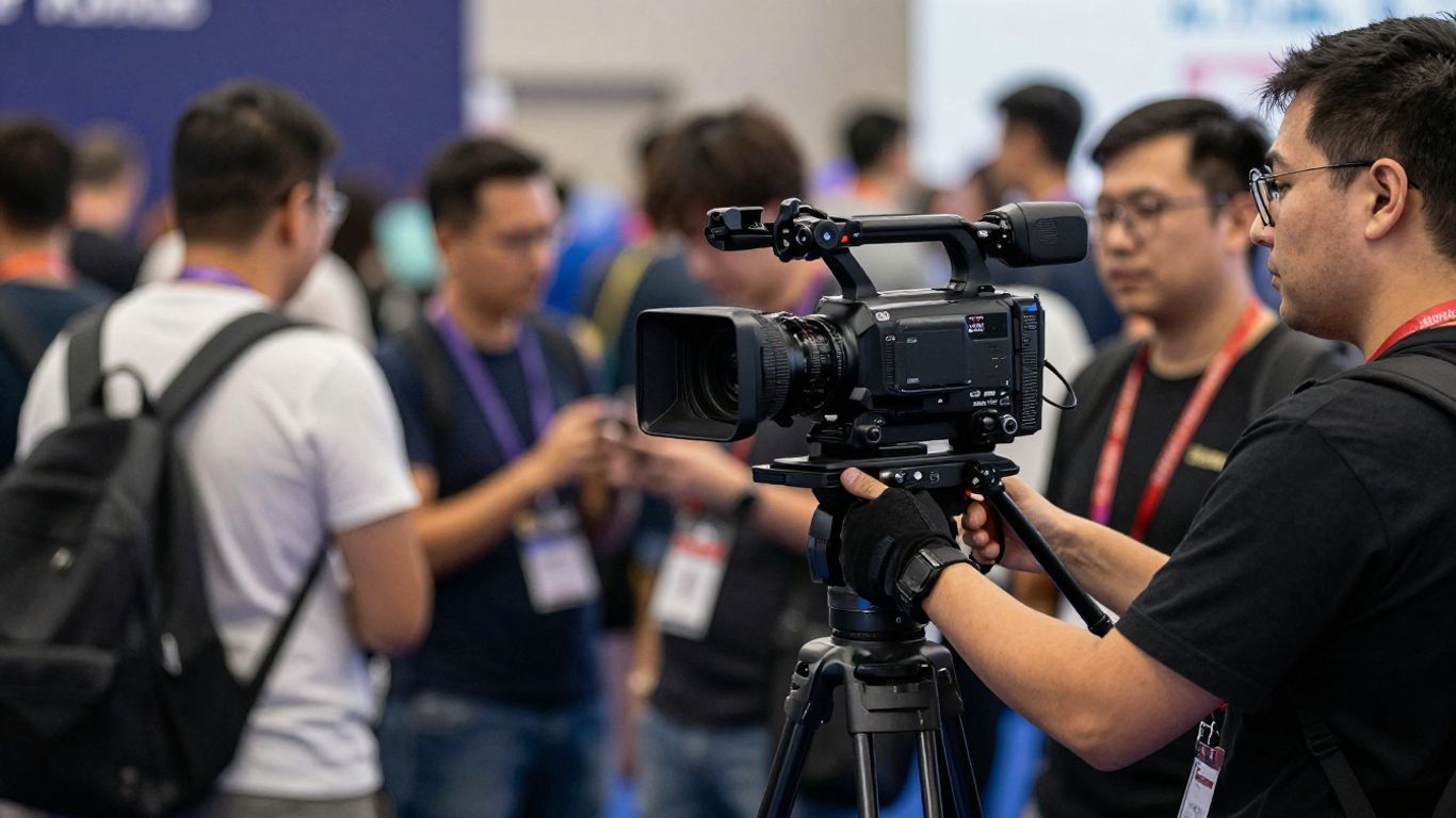 Videographer filming at a busy trade show event.