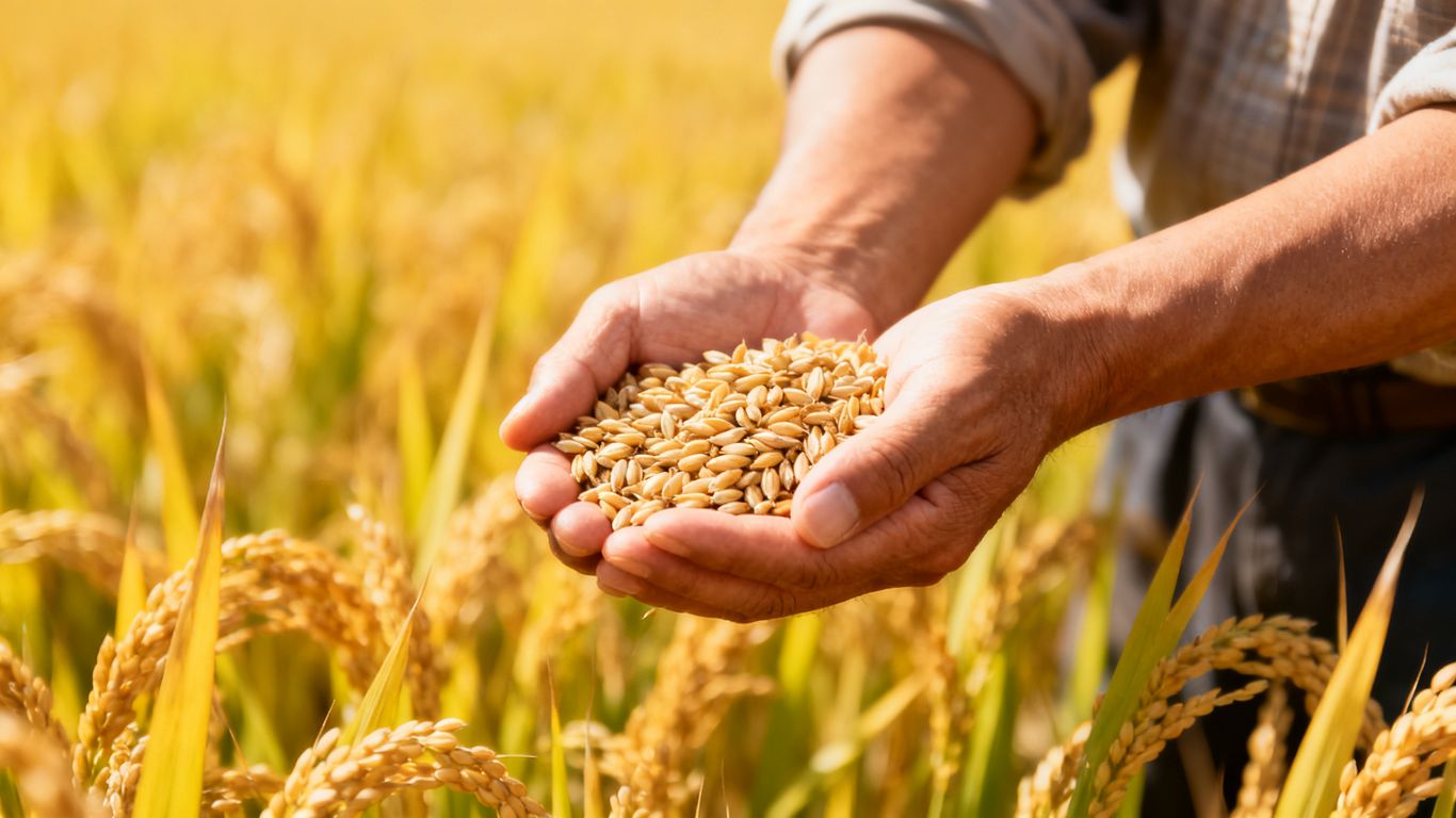 Farmer harvesting golden crops in a sunny field.