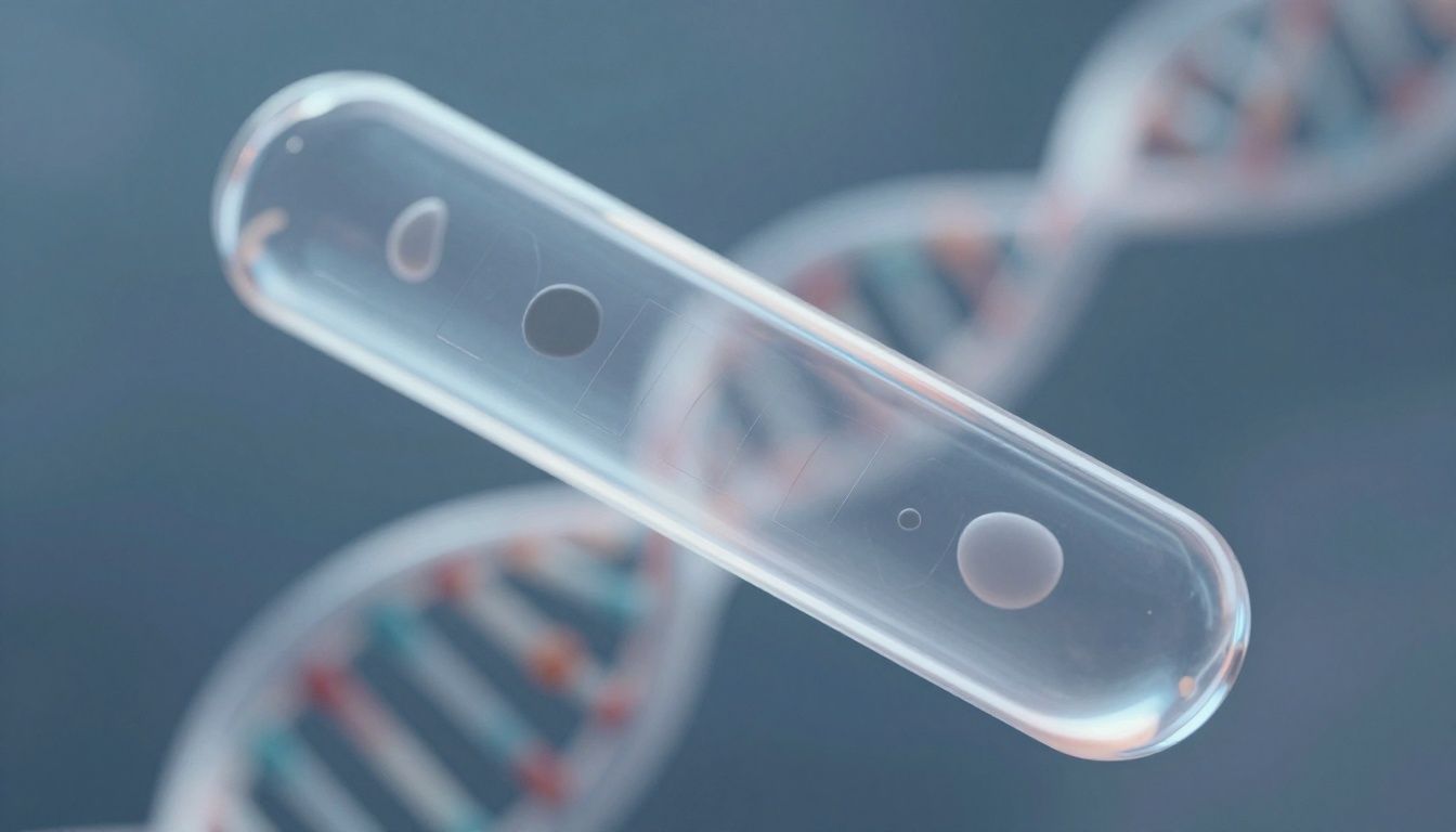 Blood vial with abstract DNA strands in background.