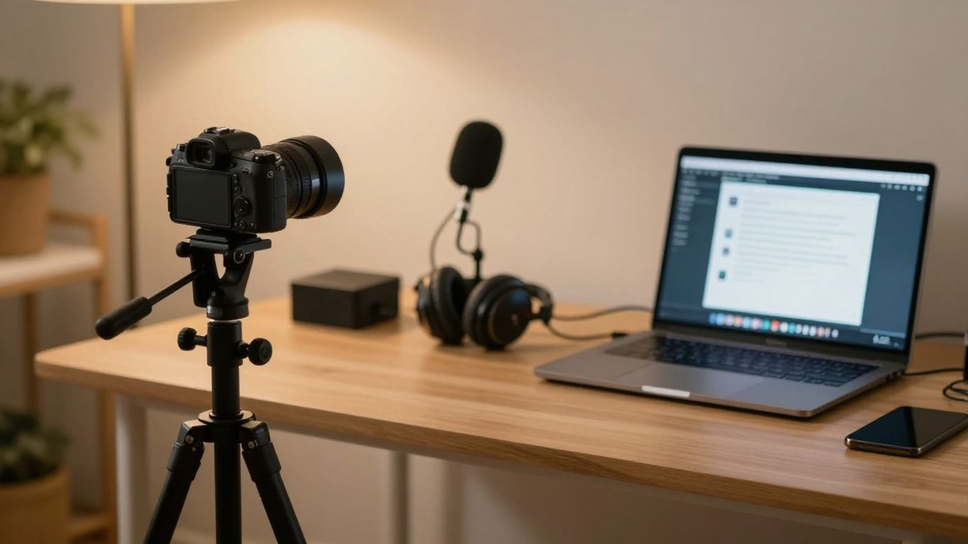 Camera and microphone arranged at a streaming desk