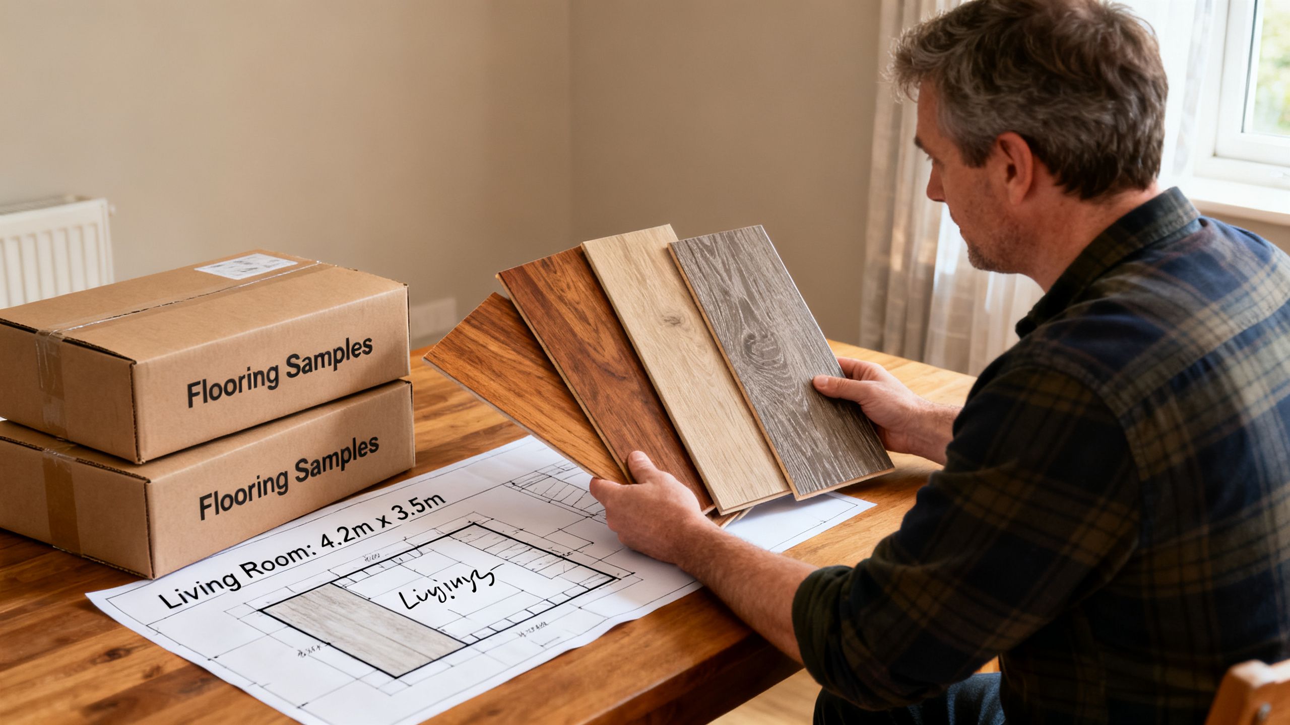 A Bristol homeowner comparing flooring samples, delivery boxes and a room measurement plan before ordering flooring online