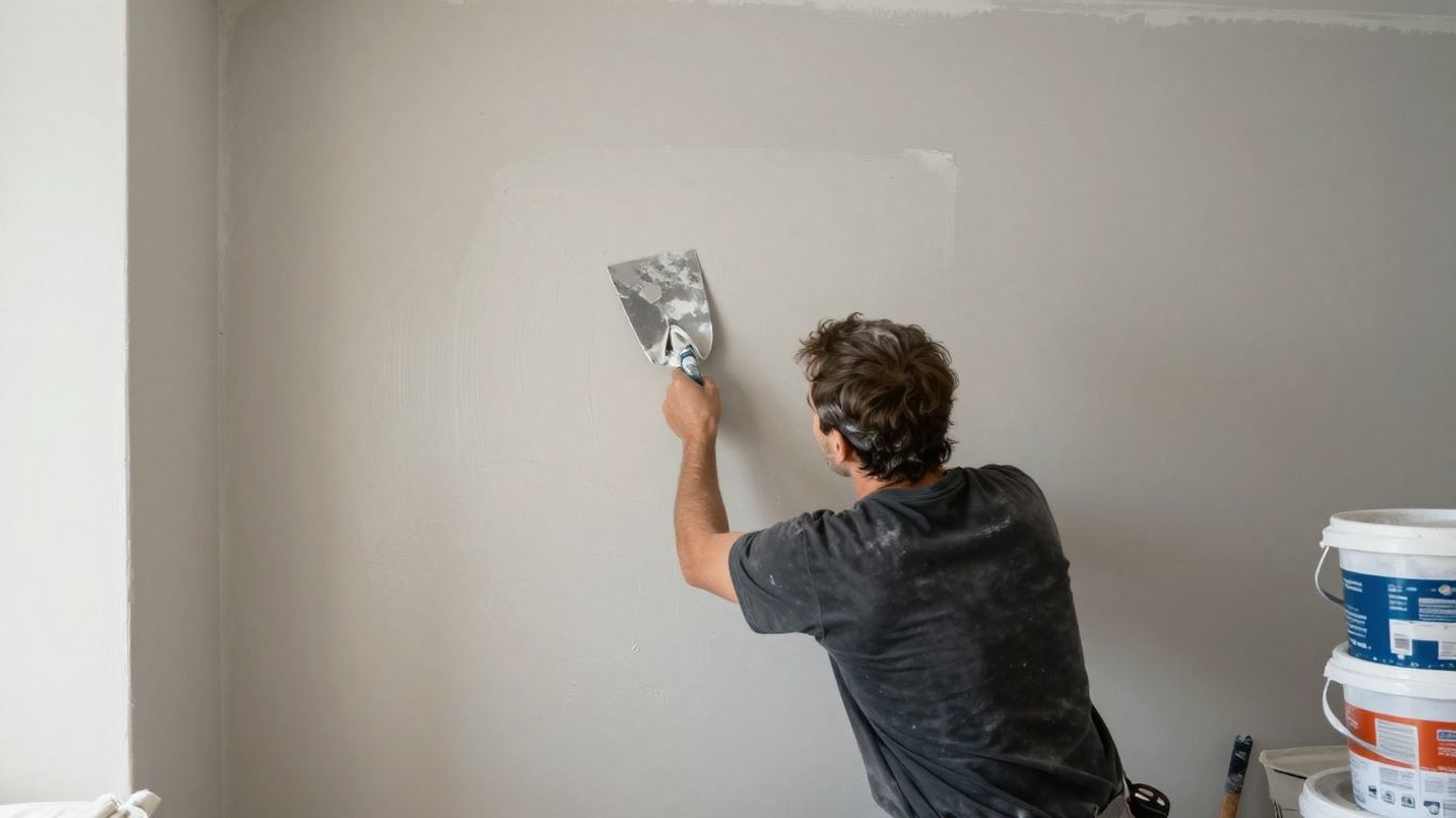 Expert plasterer smoothing a bedroom wall for a makeover.