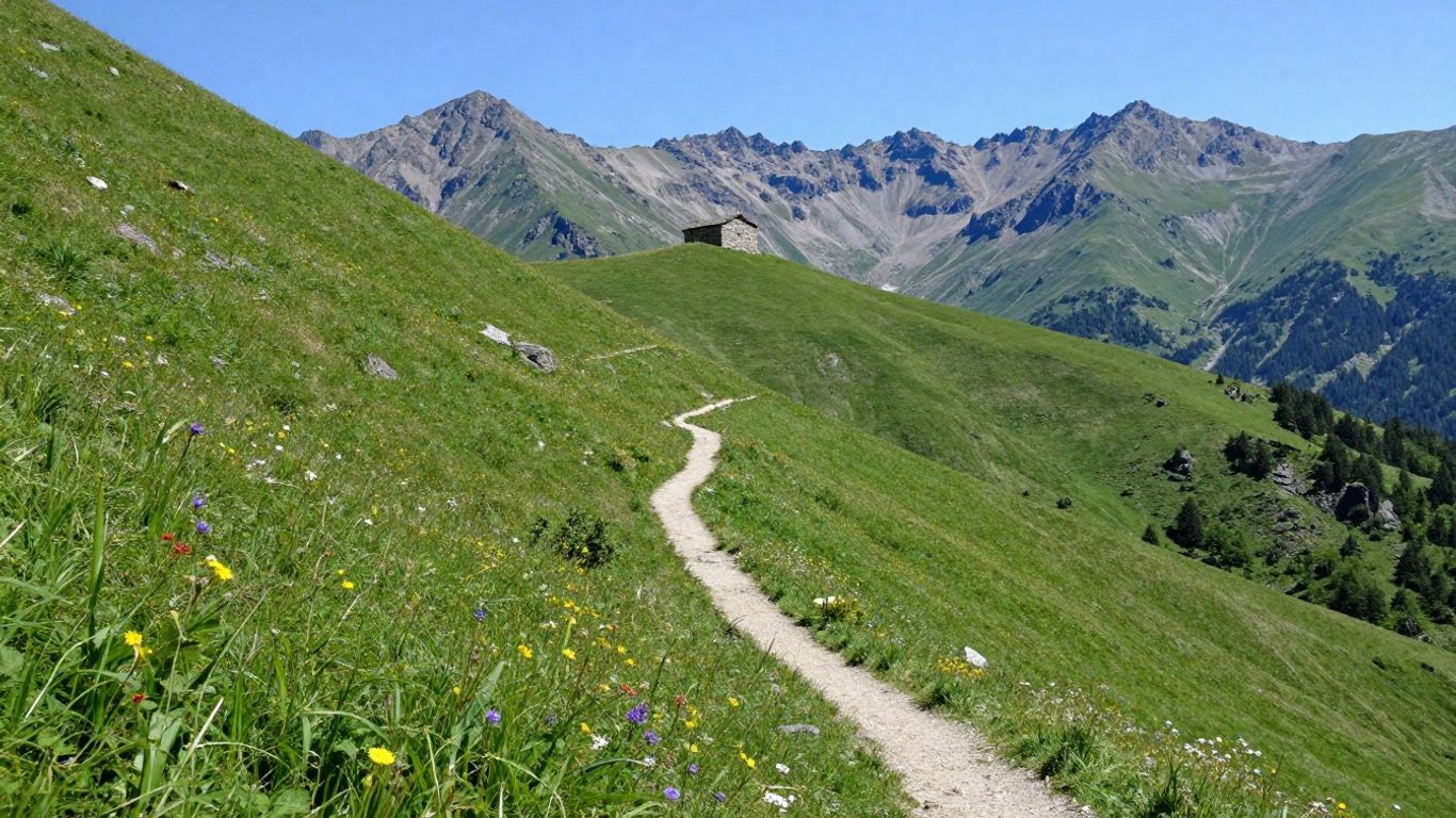 Scenic mountain trail with wildflowers and distant peaks.