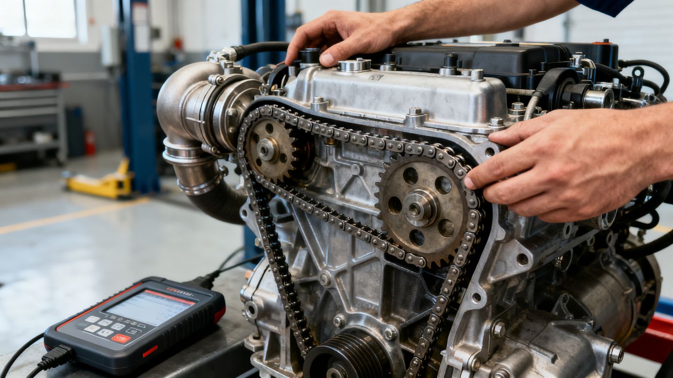 Motorraum eines gebrauchten 1.2 TSI bei der Prüfung