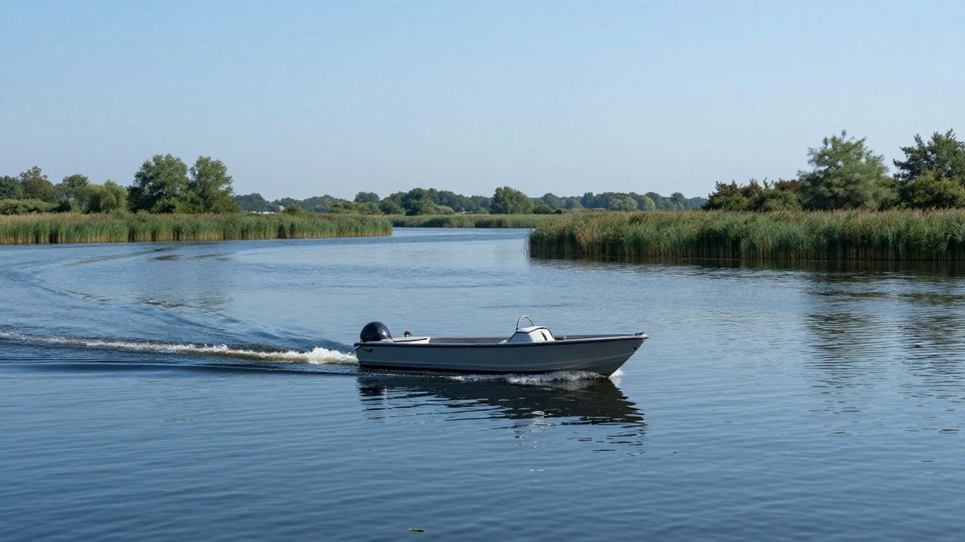 Boot vaart op rustig water in de Biesbosch.