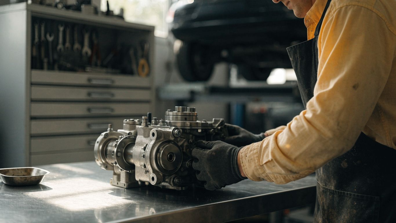 Mechanic inspecting a gearbox beside a vehicle