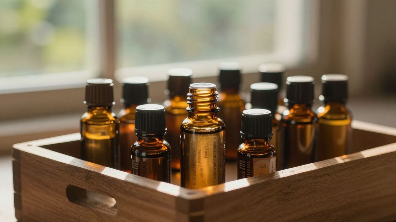 Bottles of essential oils in a crate, ready for export.