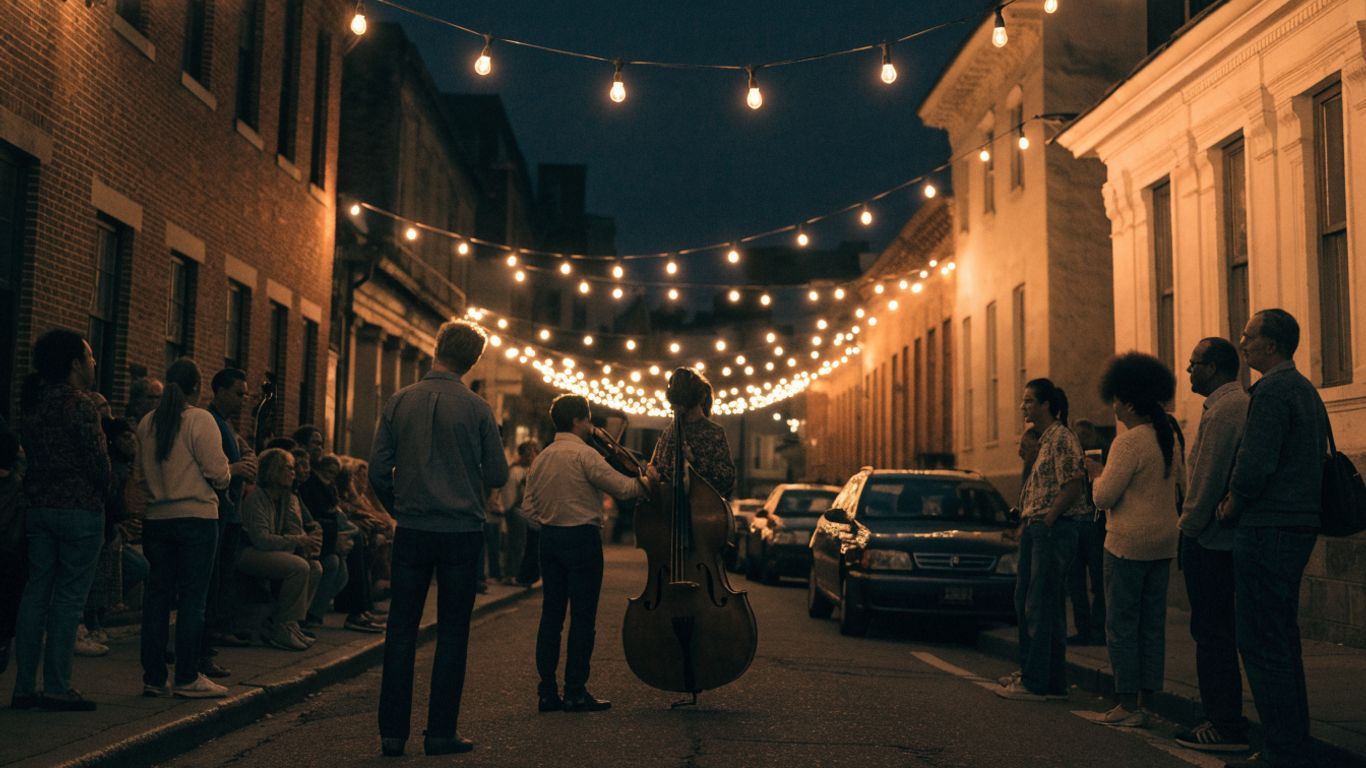 New Orleans street musicians beneath warm evening lights
