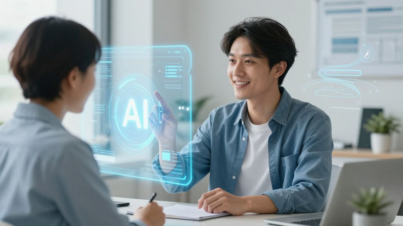 Small business owner using AI for customer relations.