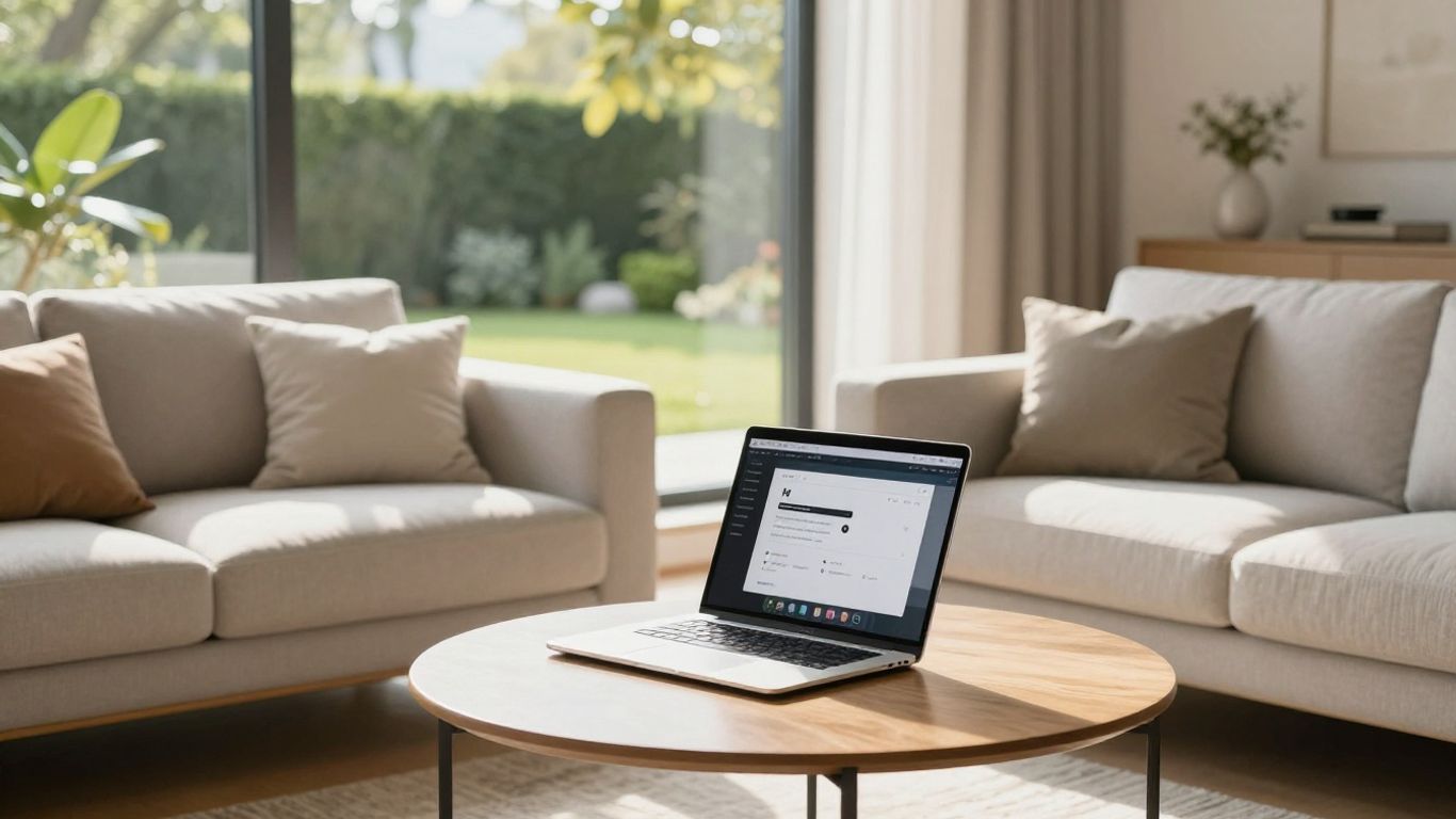 Sala de estar luminosa con portátil abierto.