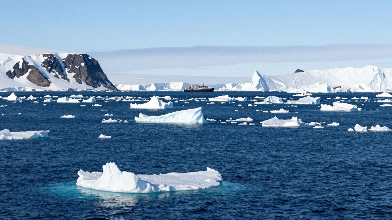 Arctic Ocean with ice floes and a research vessel.
