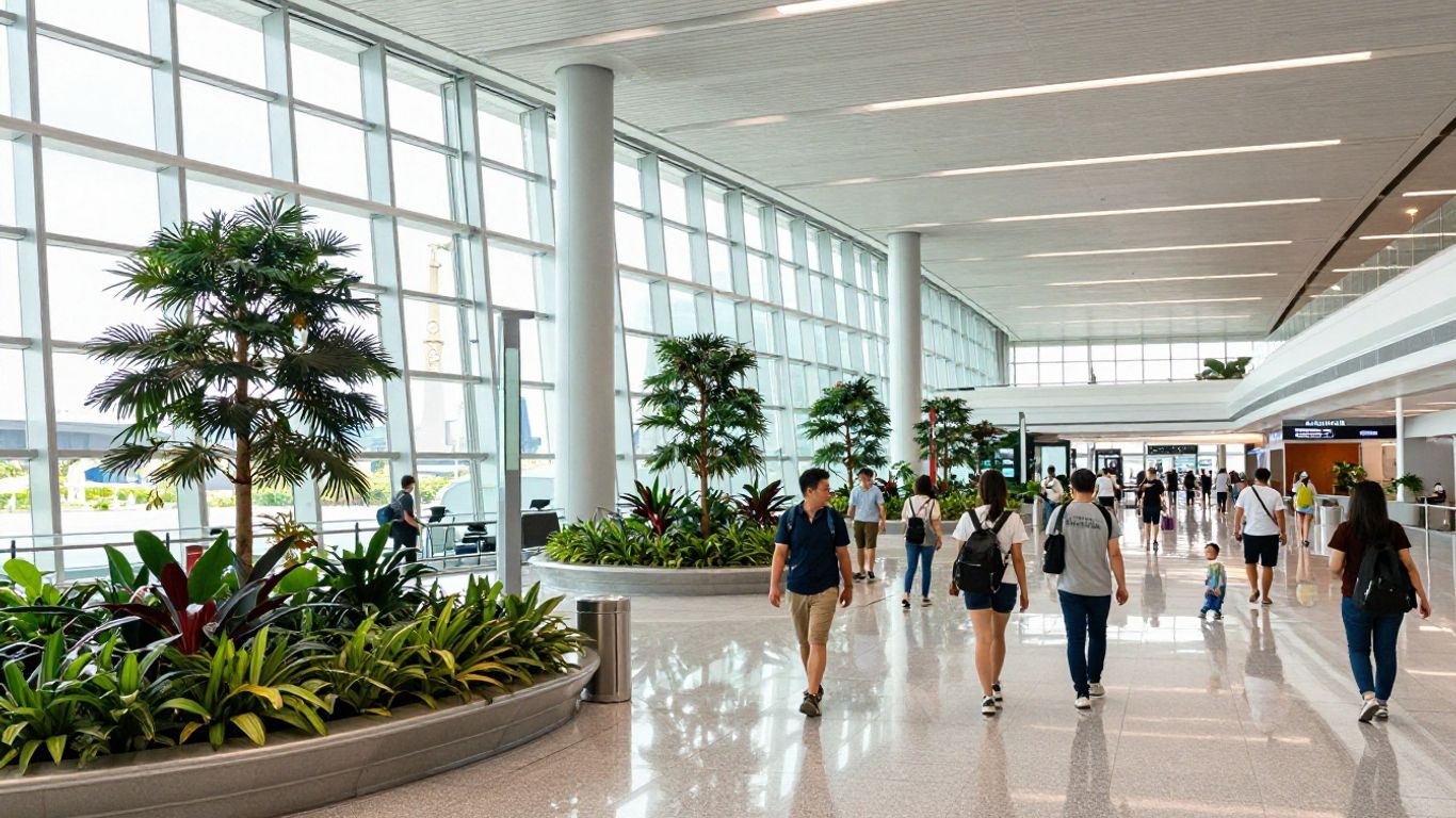 Travelers walking through modern Changi Airport terminal