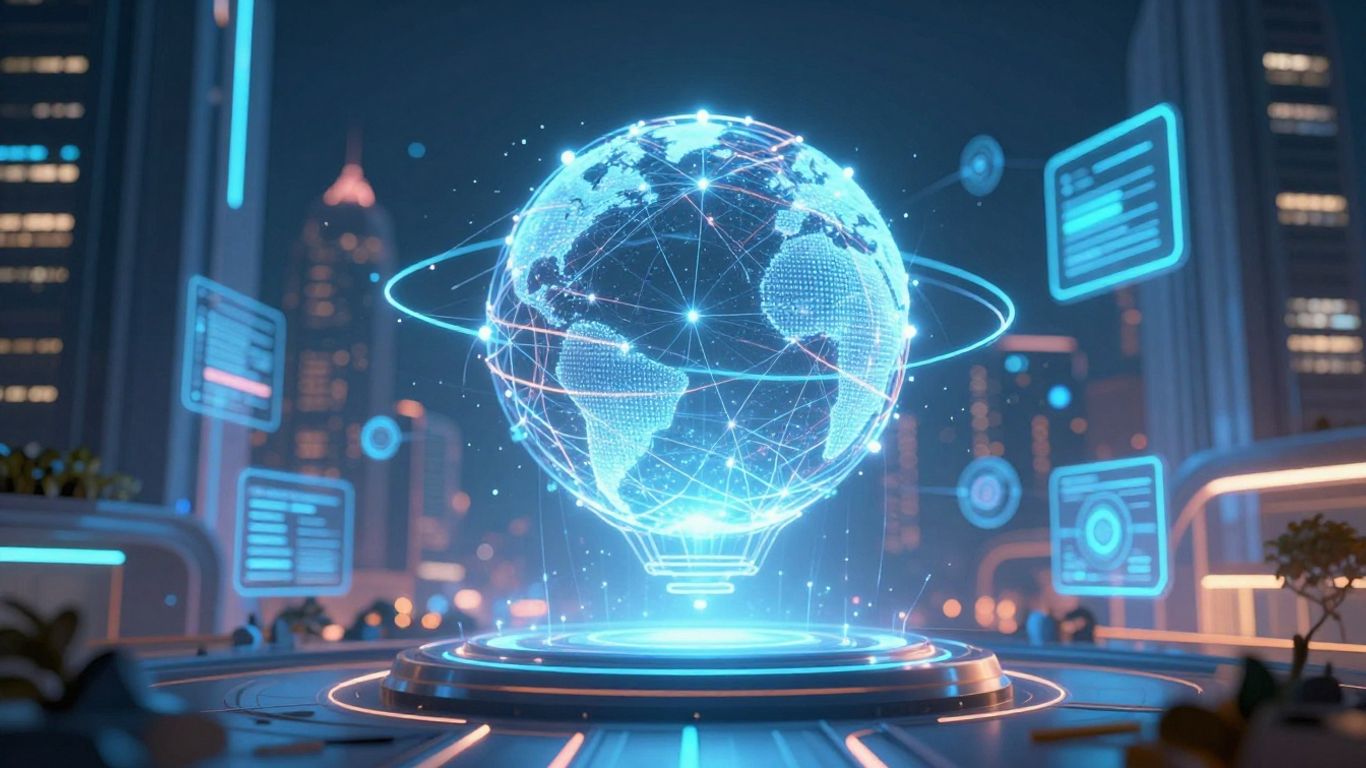 Futuristic cityscape with AI integration and data streams.