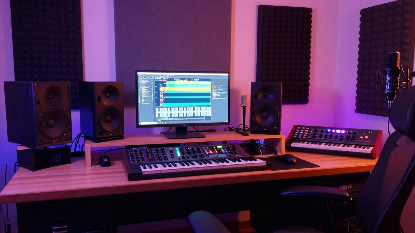 Karra's home studio with synths and microphones.