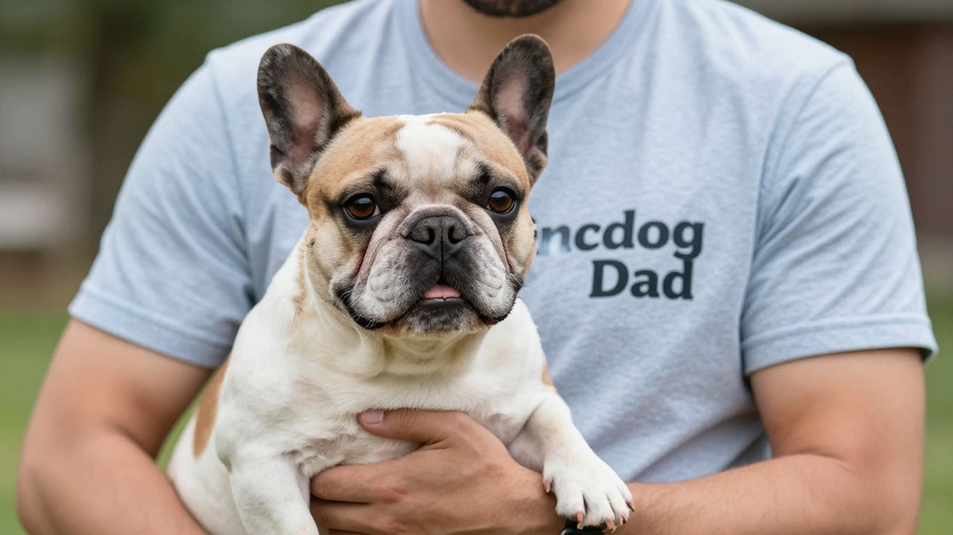 Man in French Bulldog Dad shirt with his dog.