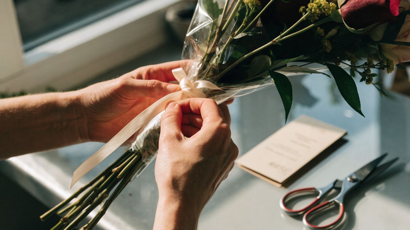 Florist preparing a wrapped bouquet for delivery