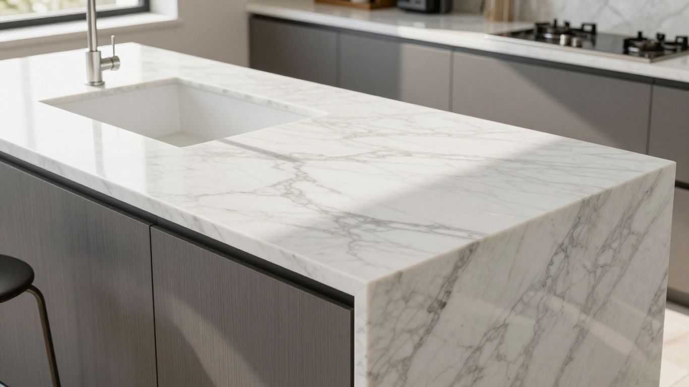 Elegant marble kitchen countertop with grey veining.