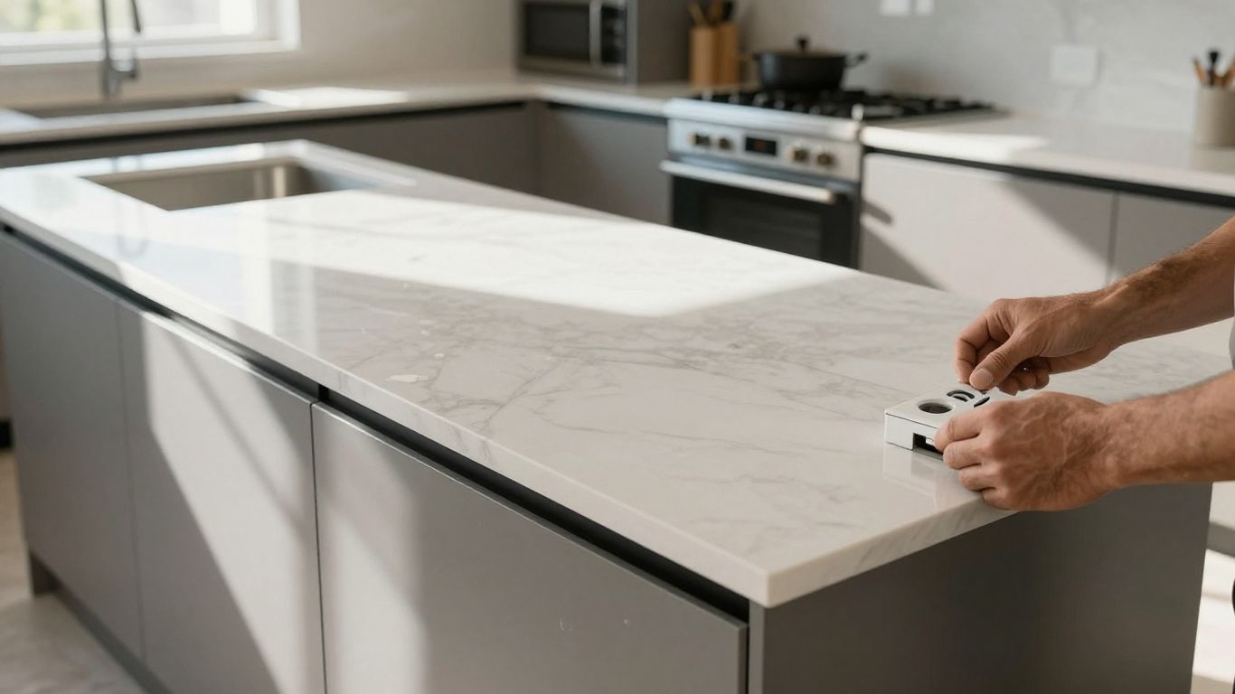 Kitchen renovation with modern cabinets and countertops.