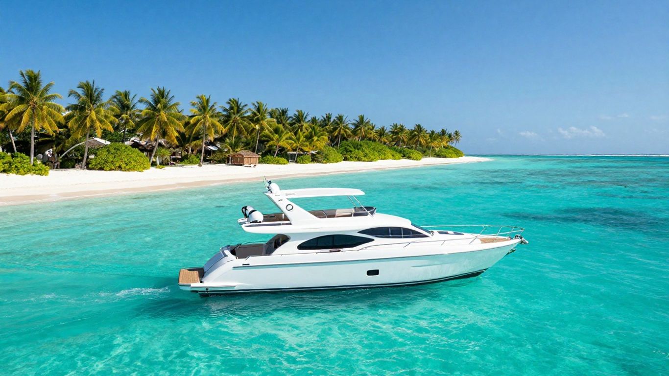 Luxury yacht sailing in clear turquoise Bahamian waters.