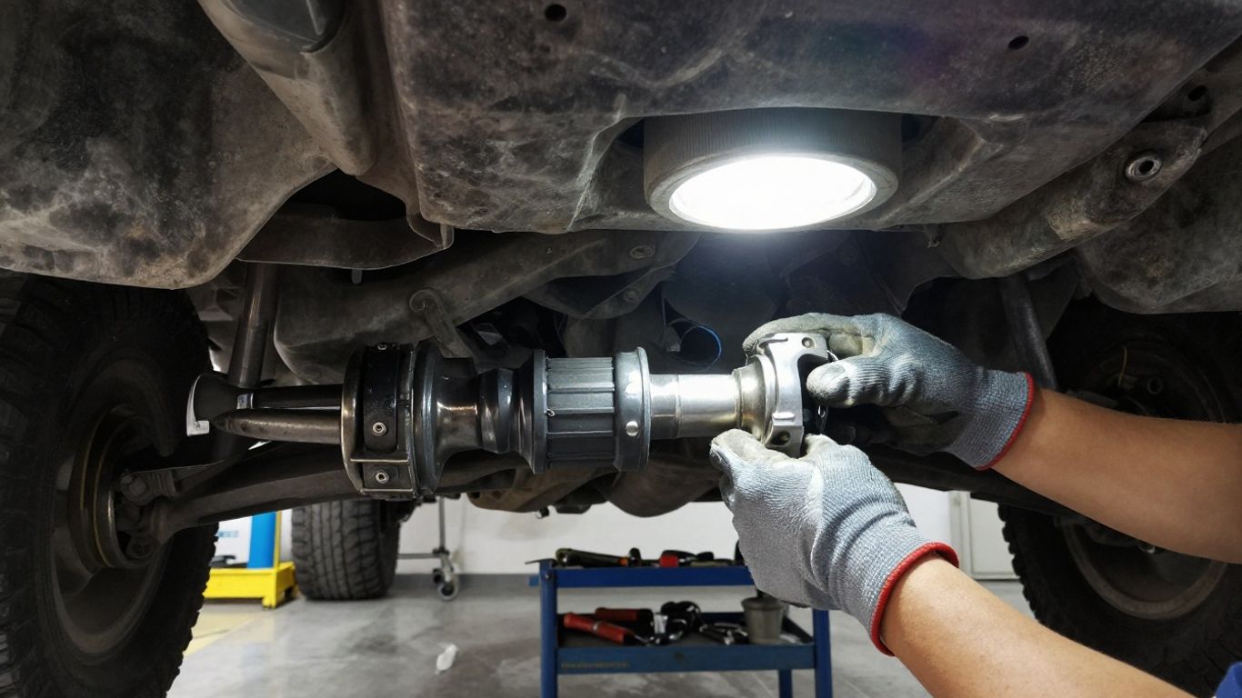 Technician inspecting an SUV propshaft underside