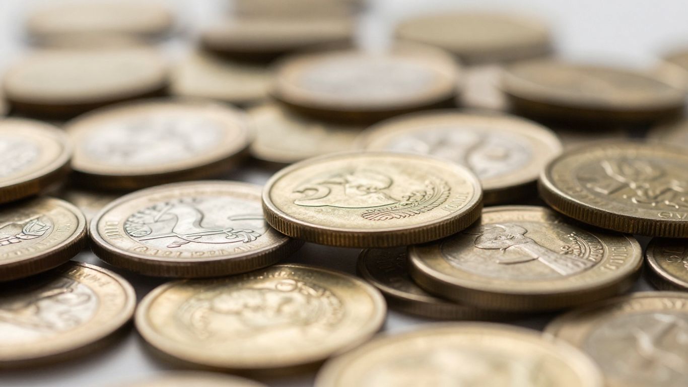 Stack of gold and silver coins with one on top.