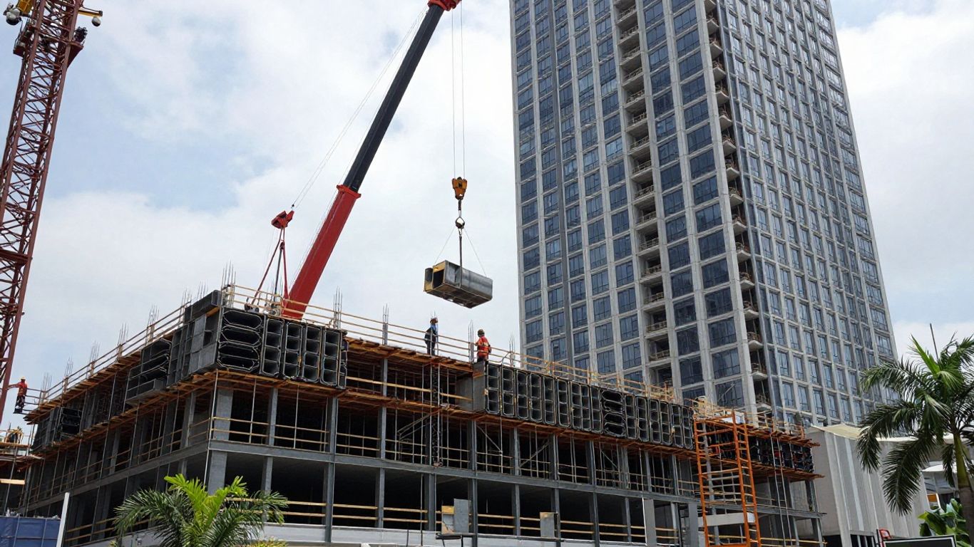 Steel modules assembled beside a high rise