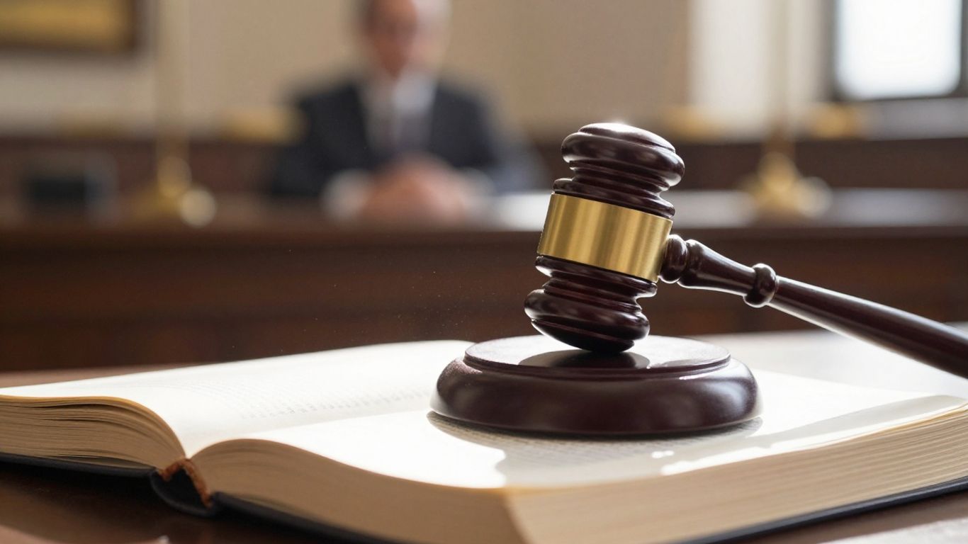Gavel on legal book in courtroom setting.