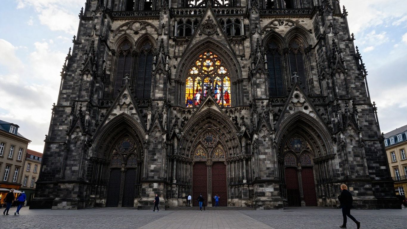 The historic cathedral towers above city streets
