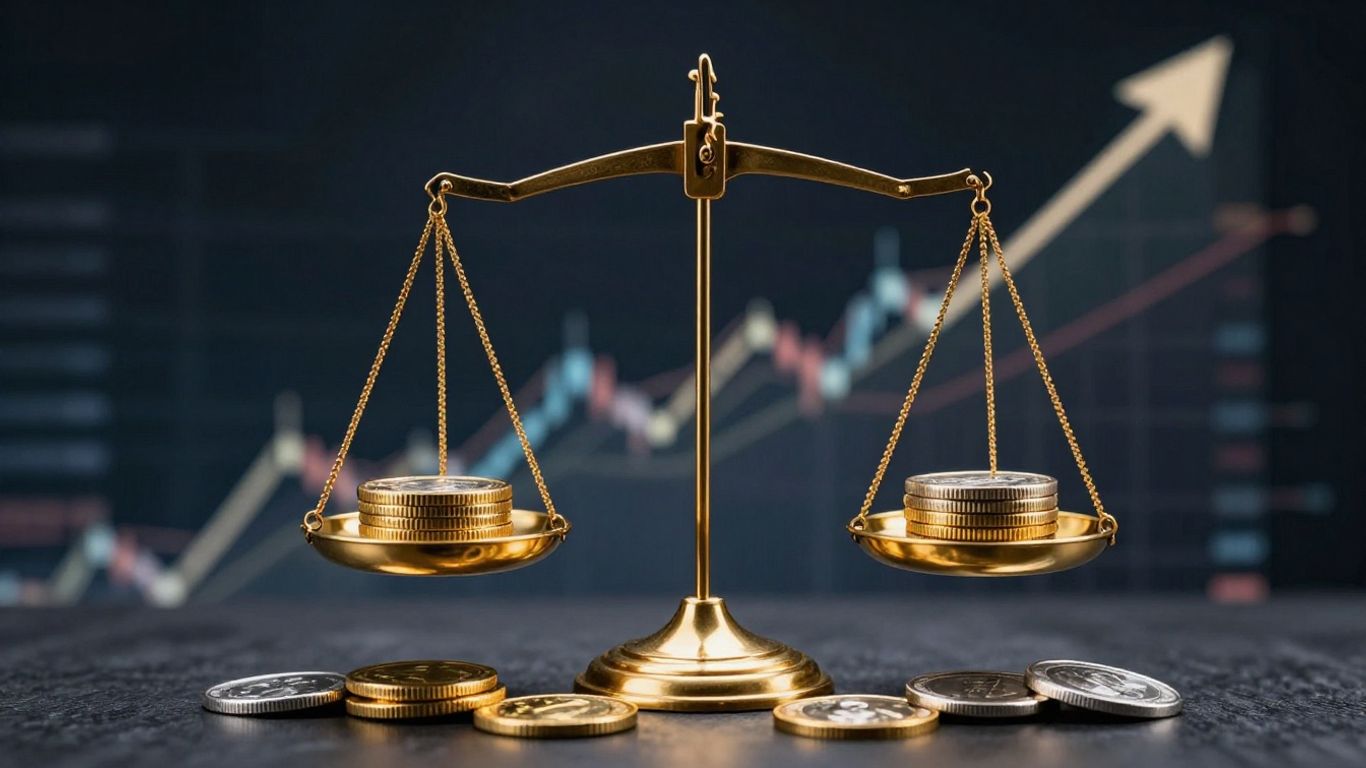 Balanced scale with gold and silver coins, abstract financial background.