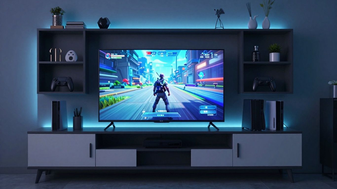Modern entertainment center with TV and gaming setup.
