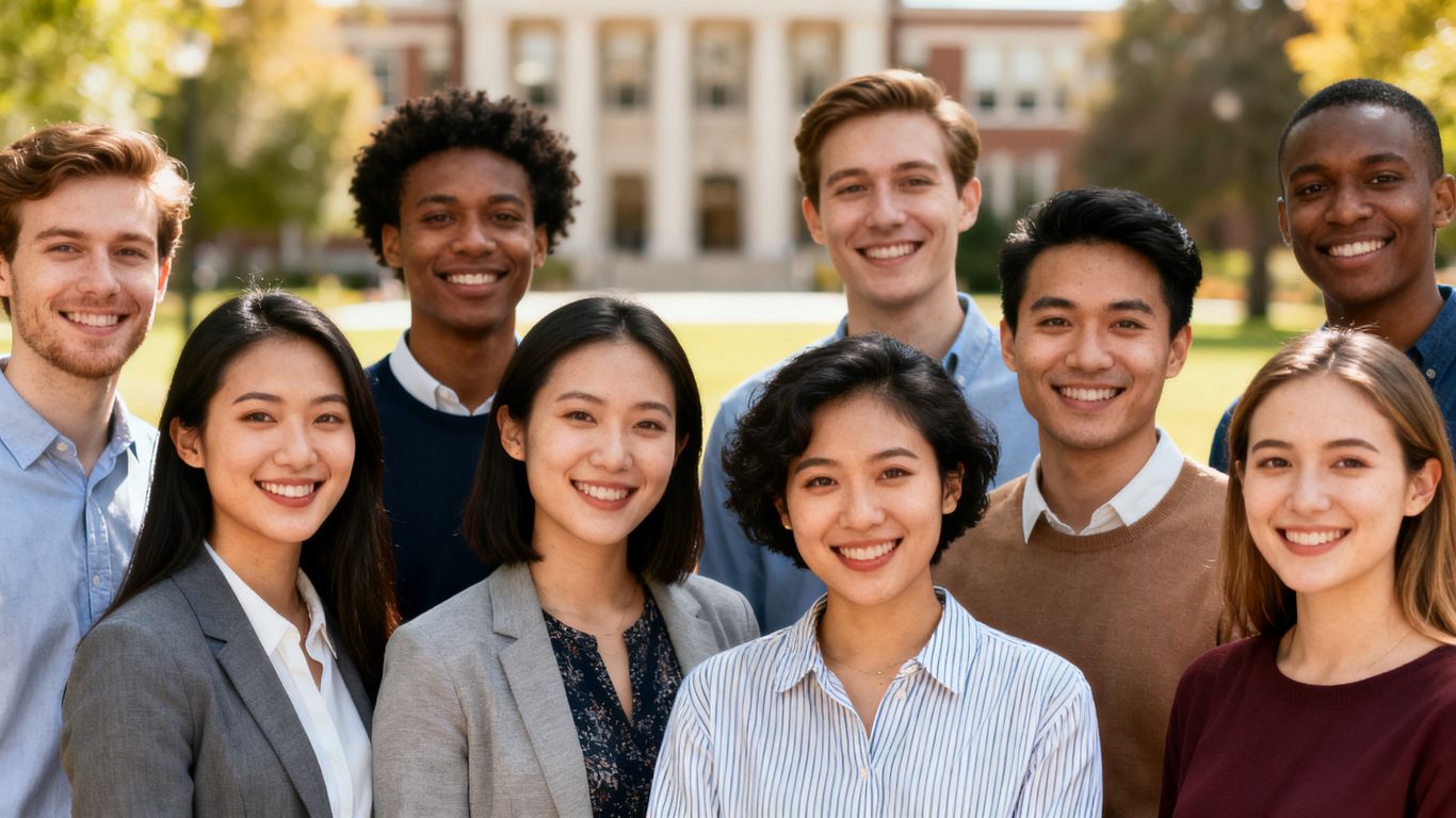 University prep mentors smiling together on campus.