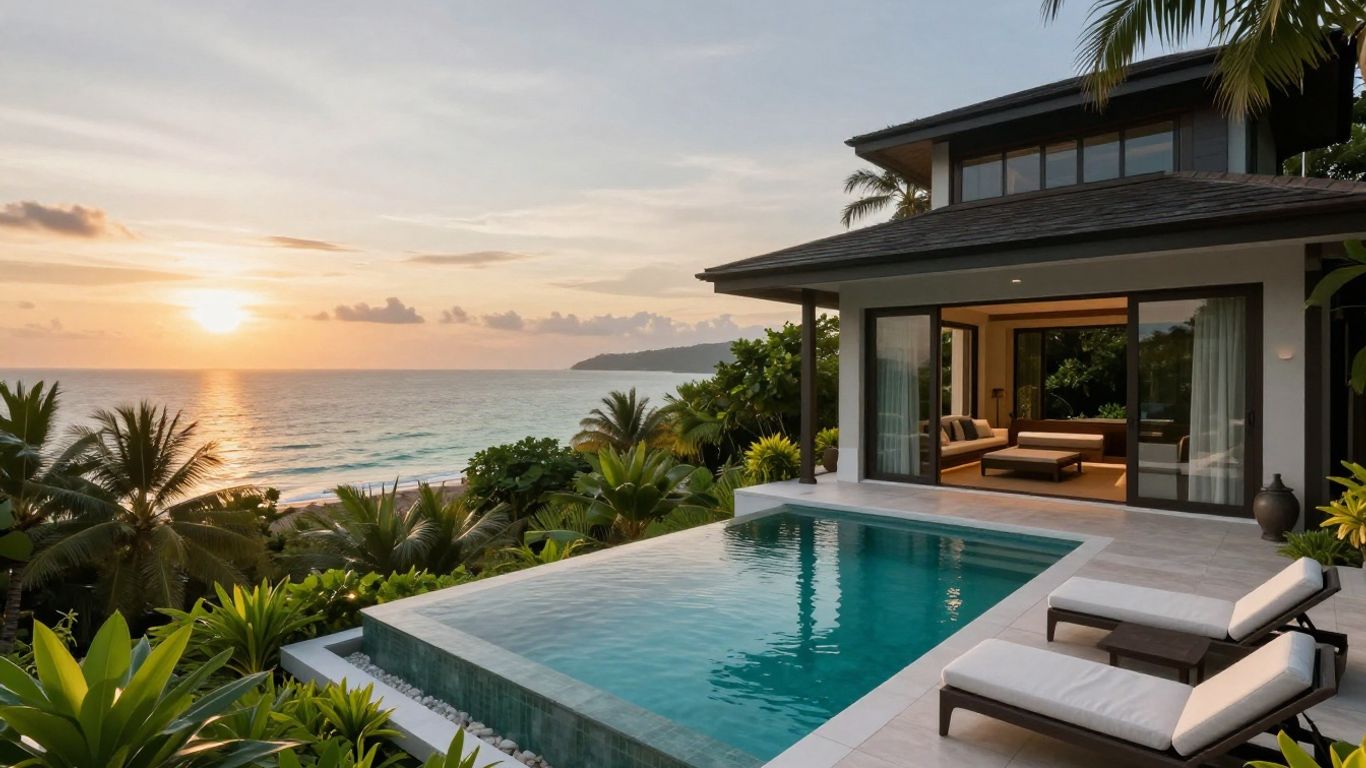 Luxury Phuket villa with infinity pool and ocean view at sunset.