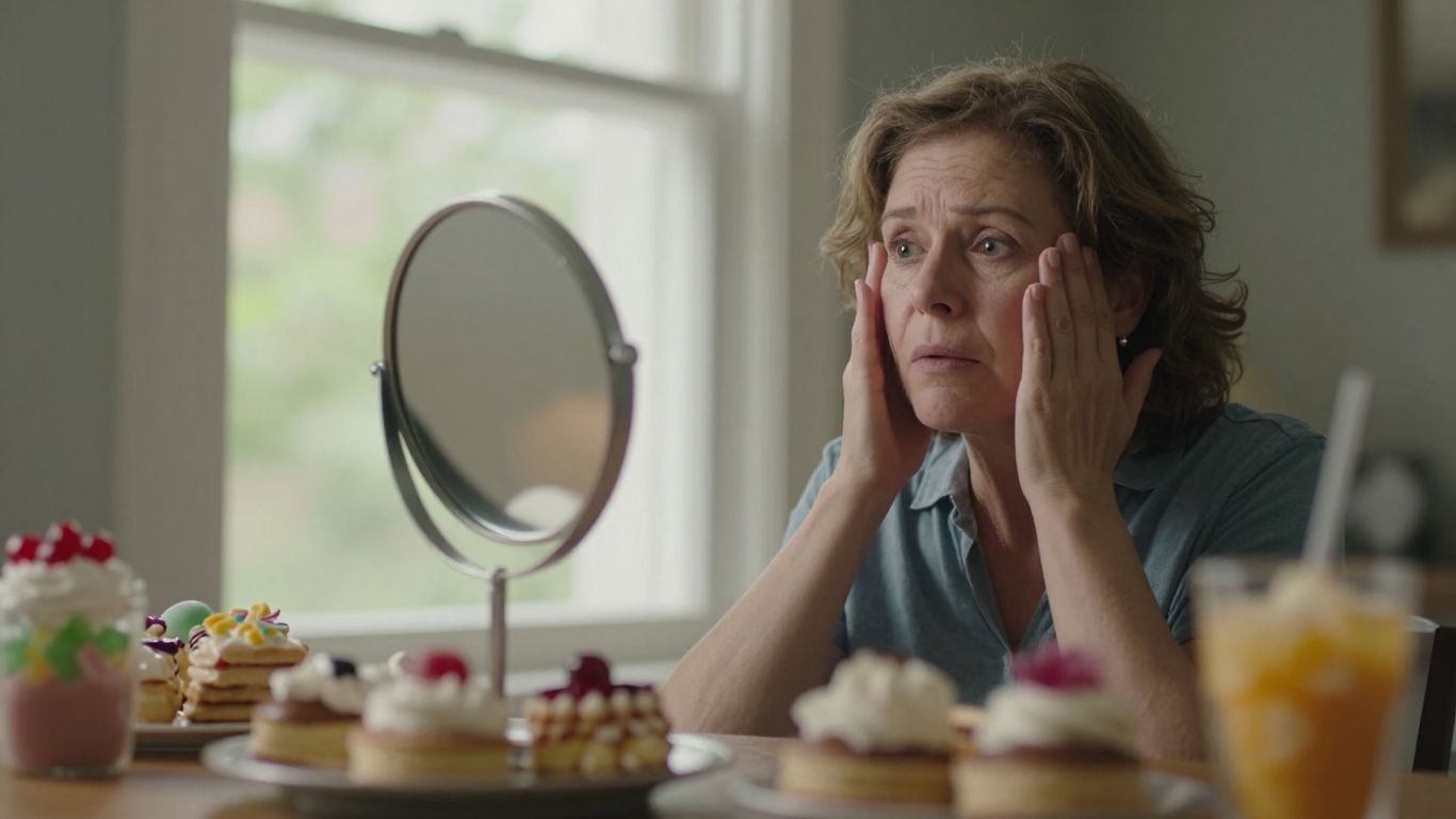 Woman checks skin in mirror near sugary pastries.