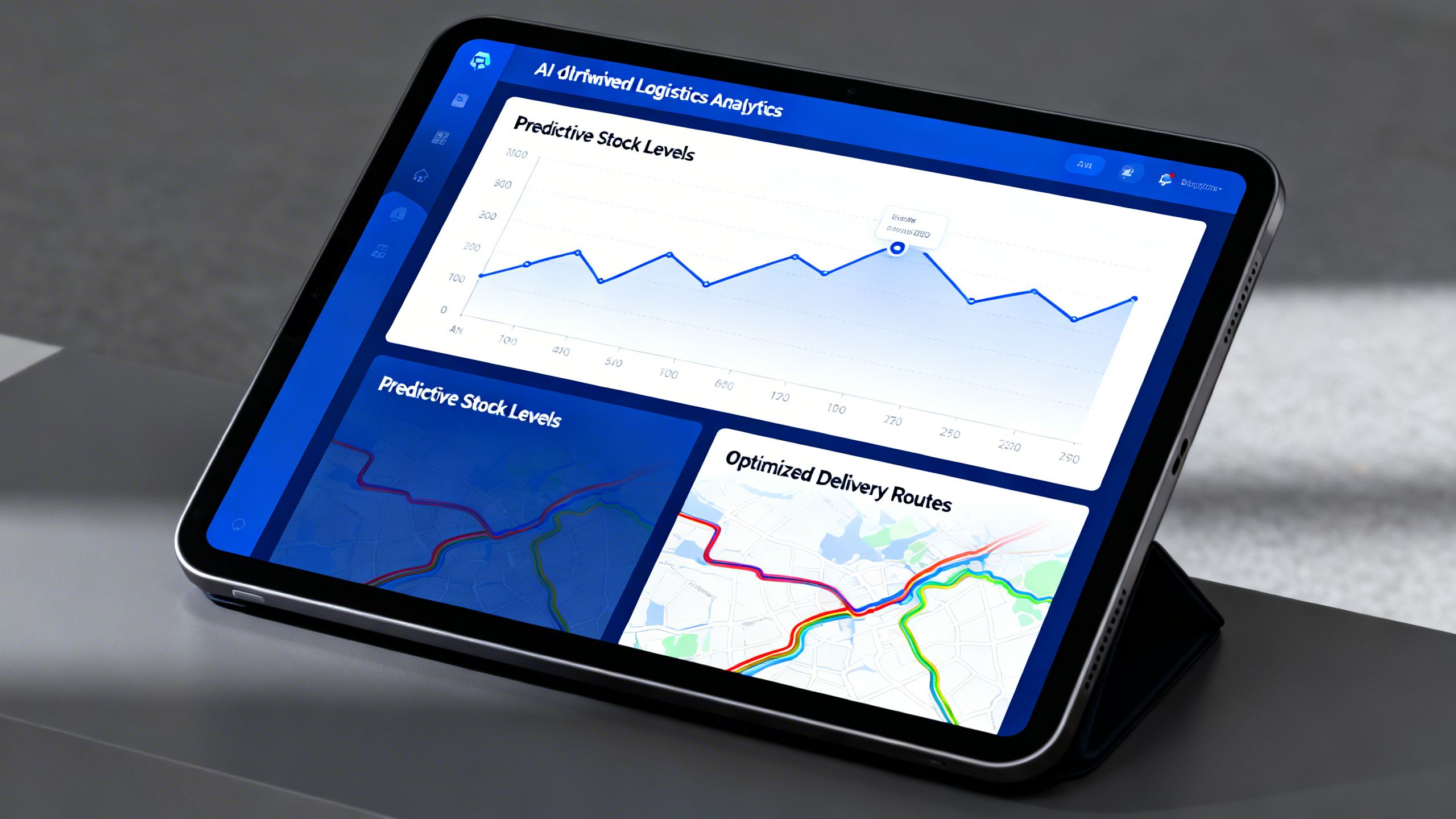 A sleek dashboard on a tablet displaying AI-driven logistics analytics, with charts showing predictive stock levels and optimized delivery routes.