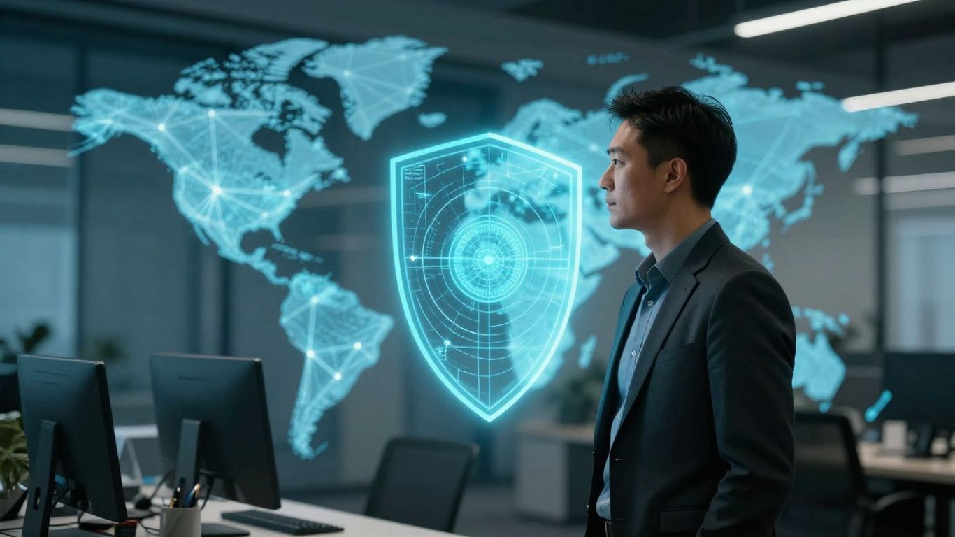 Cybersecurity professional with digital shield and NZ map.