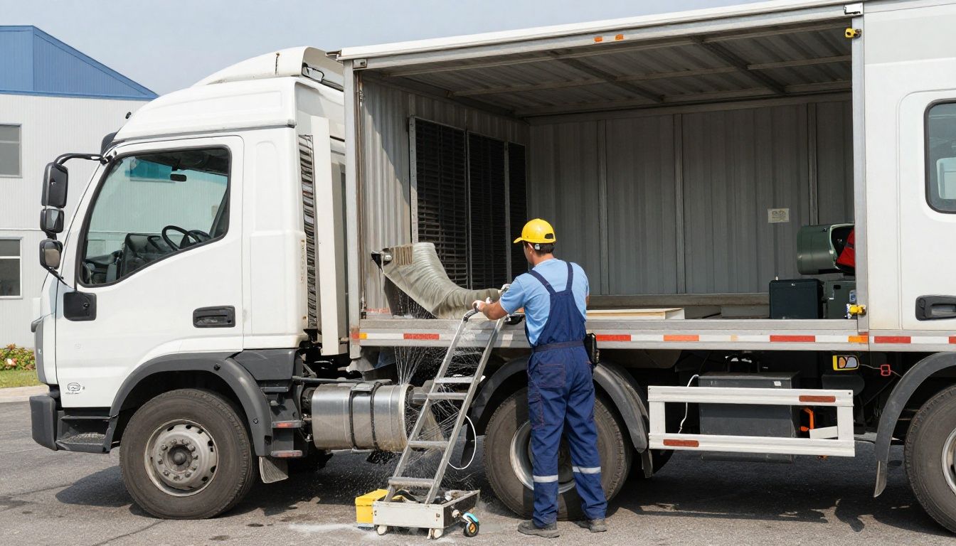 A professional technician using truck-mounted equipment to clean commercial air ducts in an office building