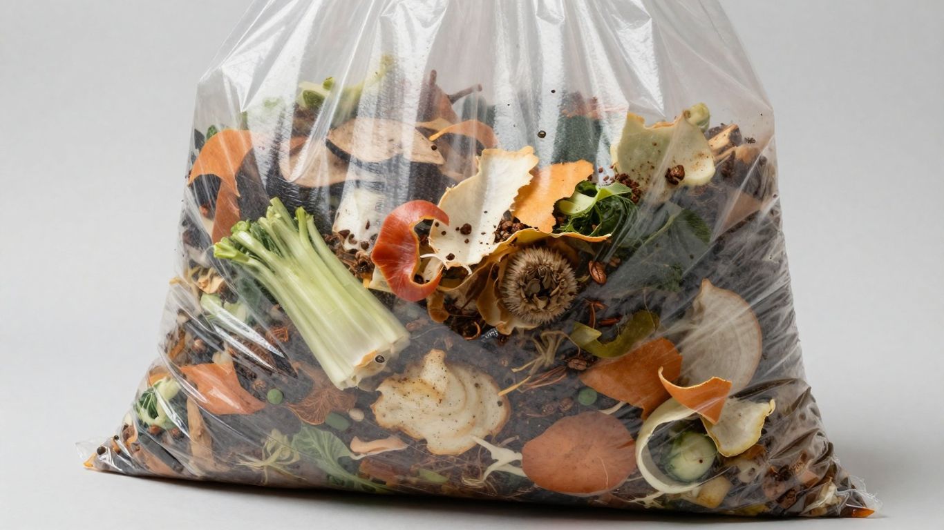 Large compostable bag filled with organic kitchen waste.