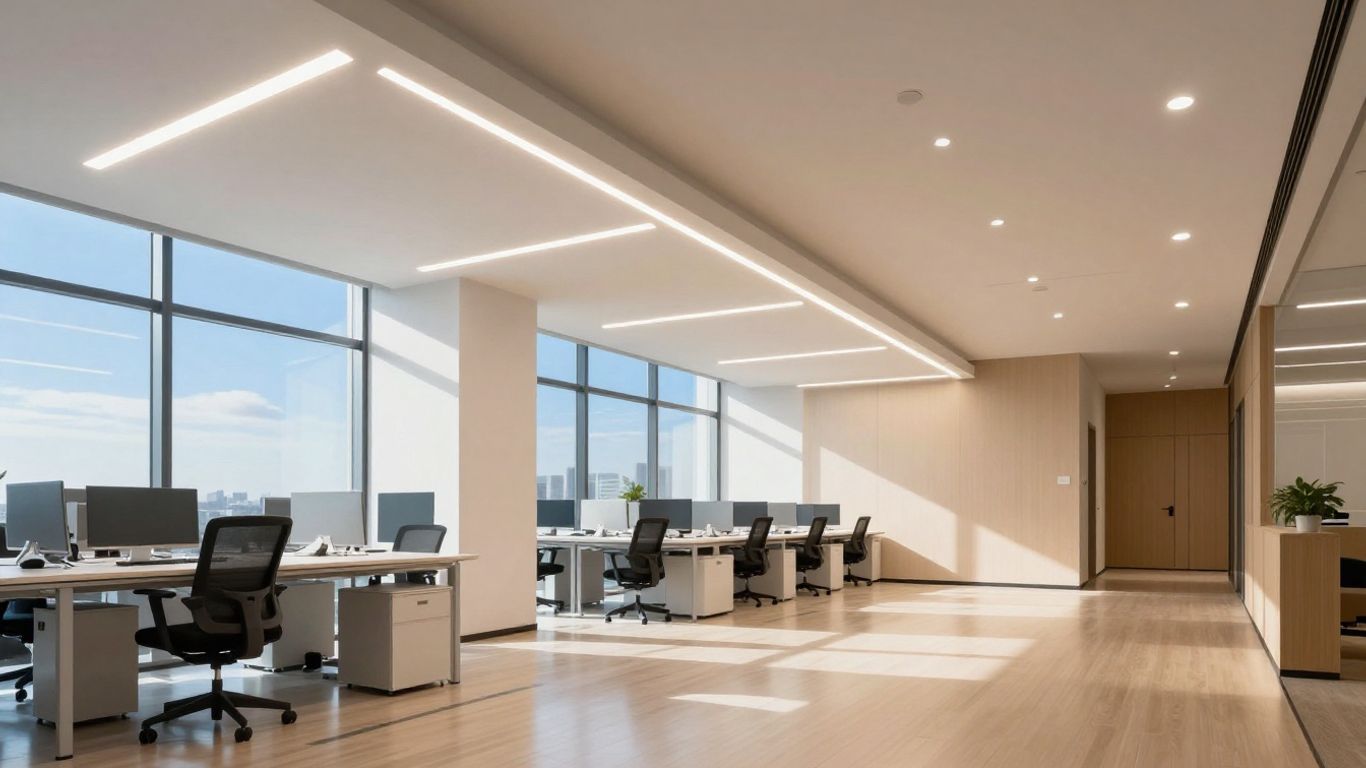 Modern office with bright, energy-efficient LED lighting.