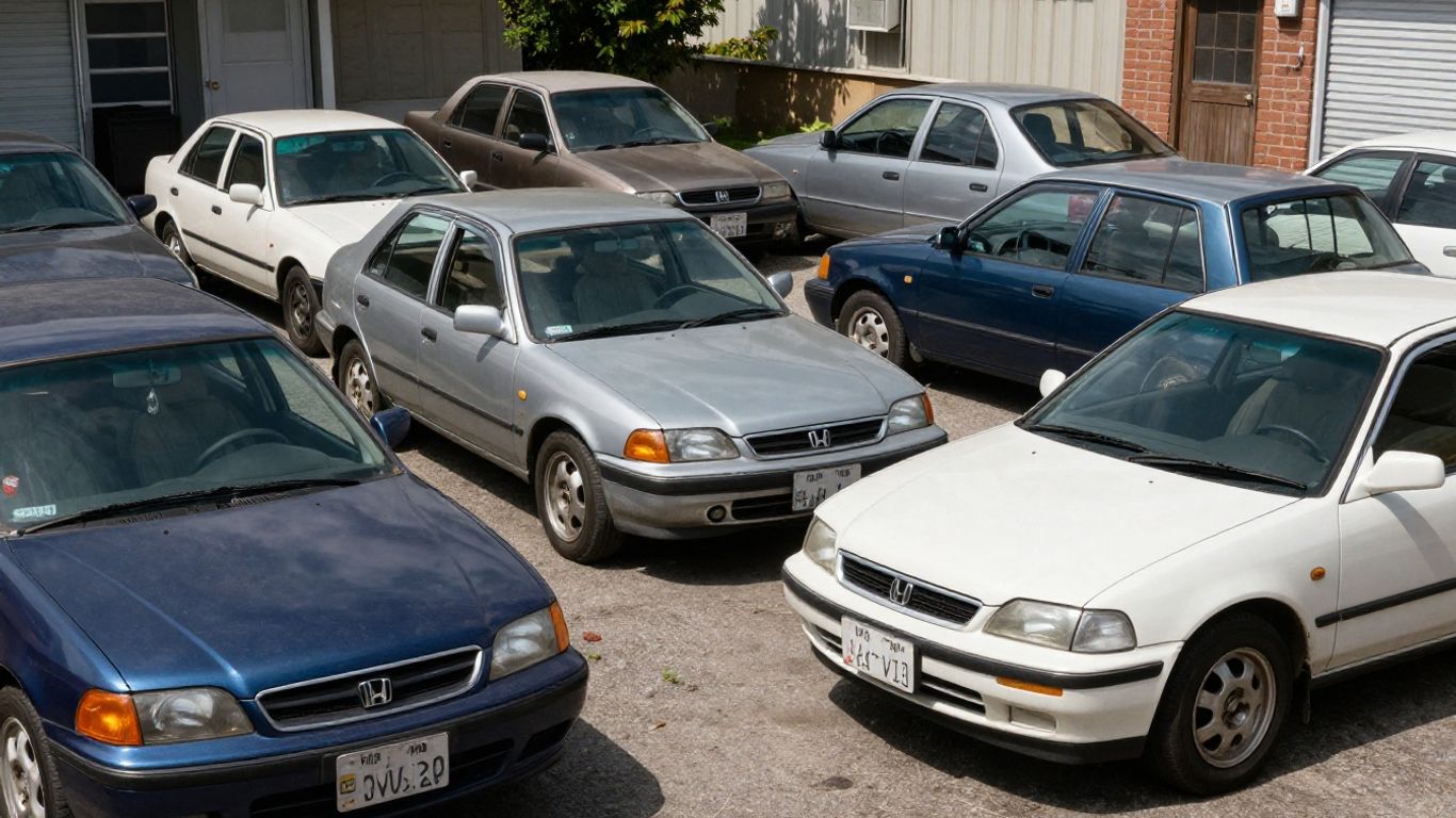 Used Honda cars at a wrecking yard.
