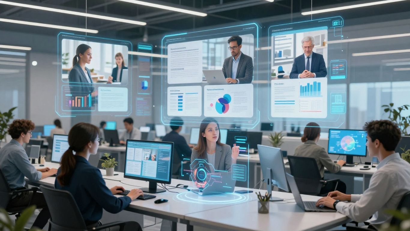 Virtual workspace with people collaborating on digital projects.