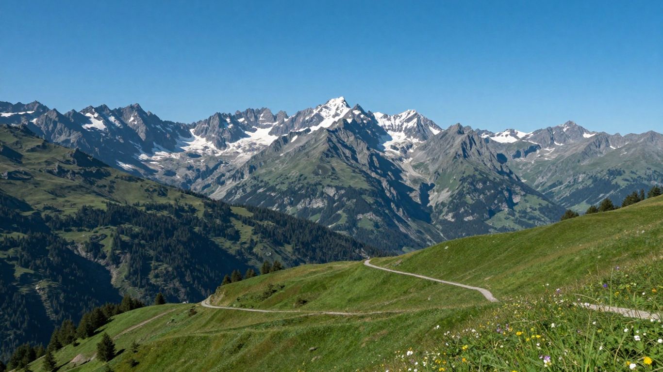 Alpenpanorama mit Bergwegen und grünen Wiesen