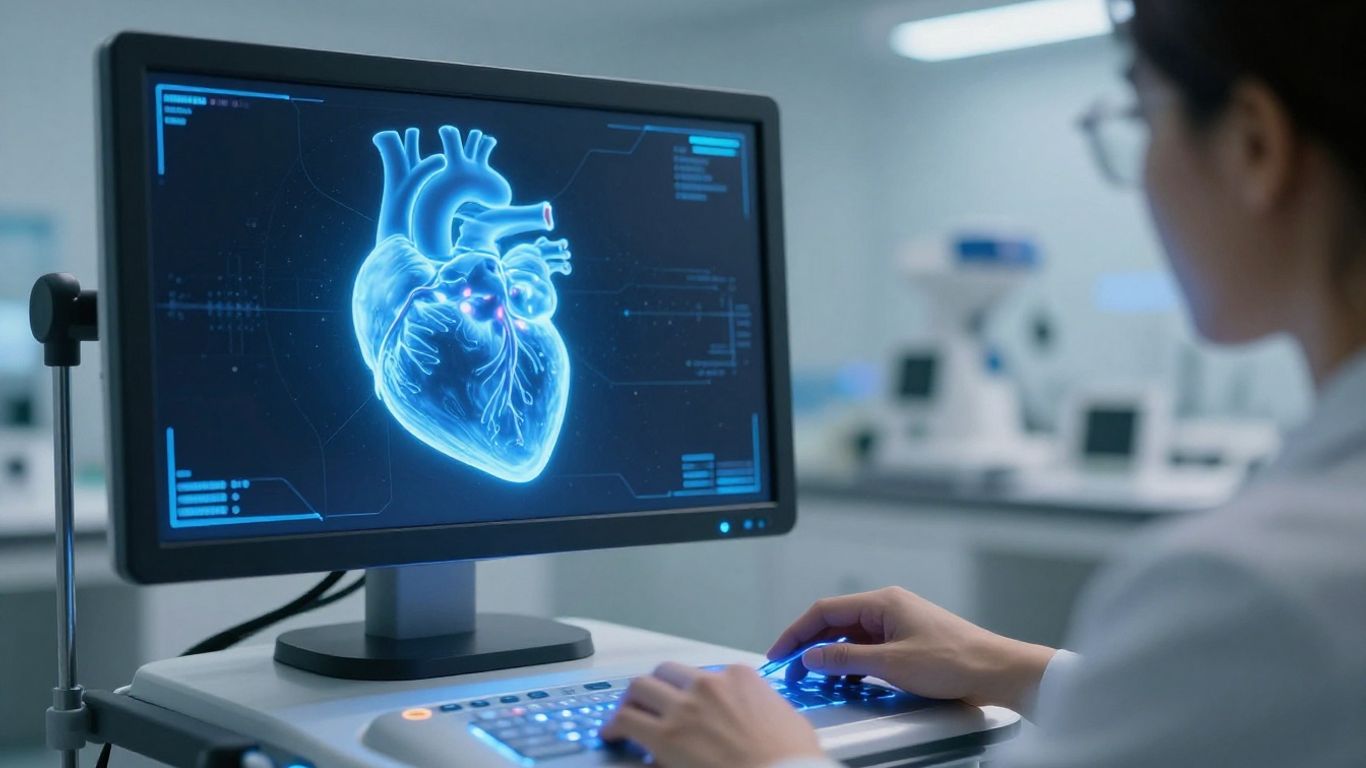 Futuristic medical scanner with holographic heart projection.