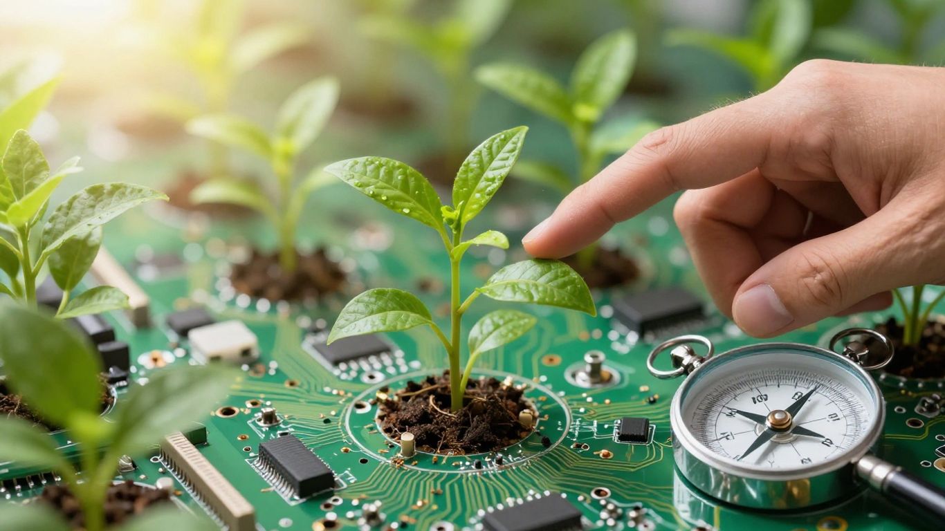 Compass pointing to a growing plant on a circuit board.
