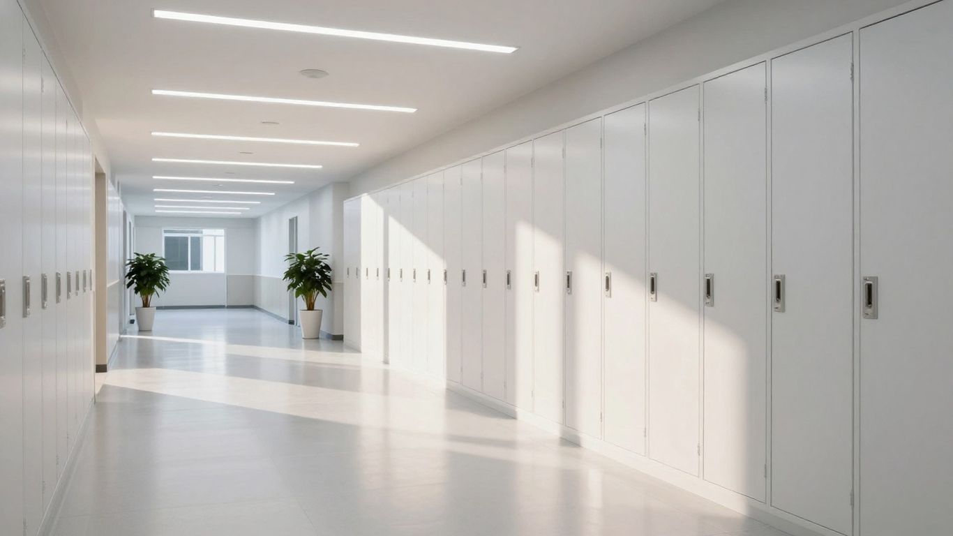 School hallway with bright, energy-efficient LED lights.