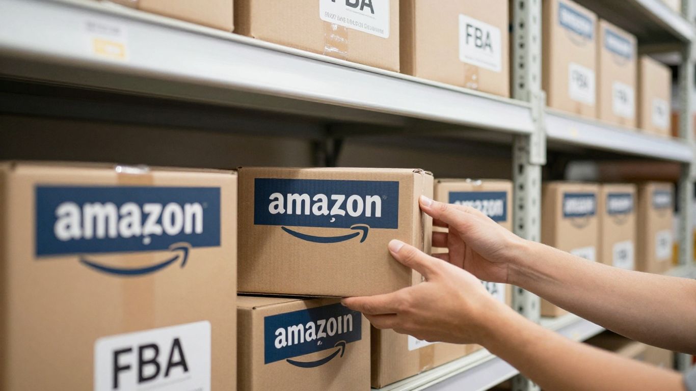 Amazon FBA boxes on a warehouse shelf, hand reaching for one.
