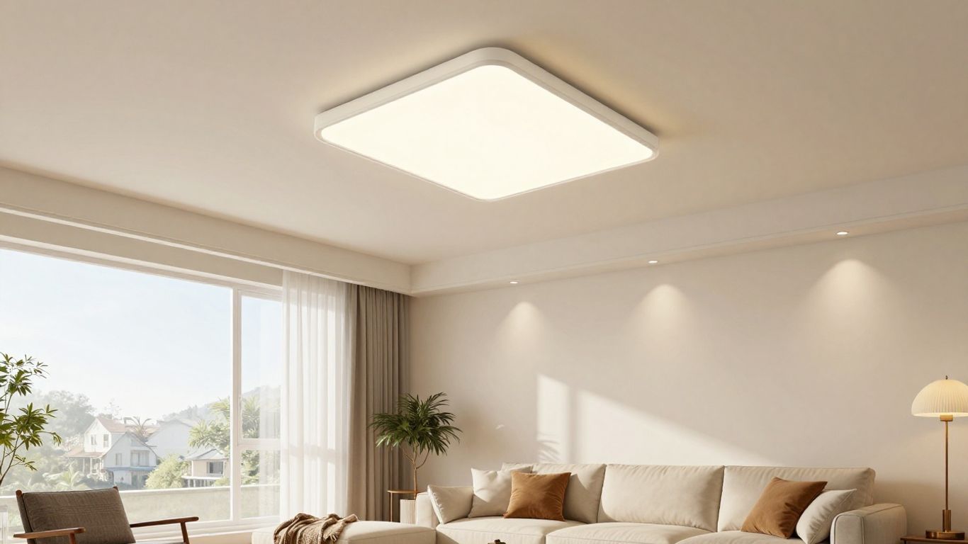 Modern living room with flush mount ceiling lights.