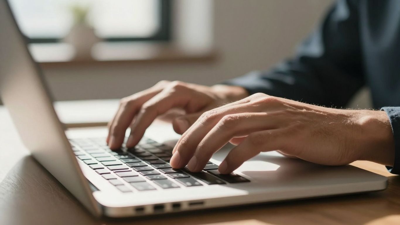 Hands typing on a laptop keyboard