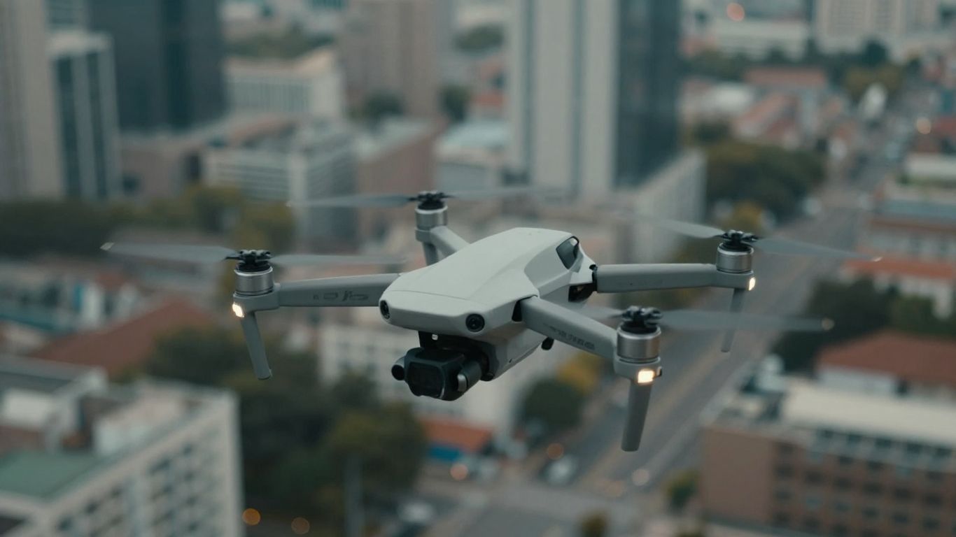DJI drone flying above a city.